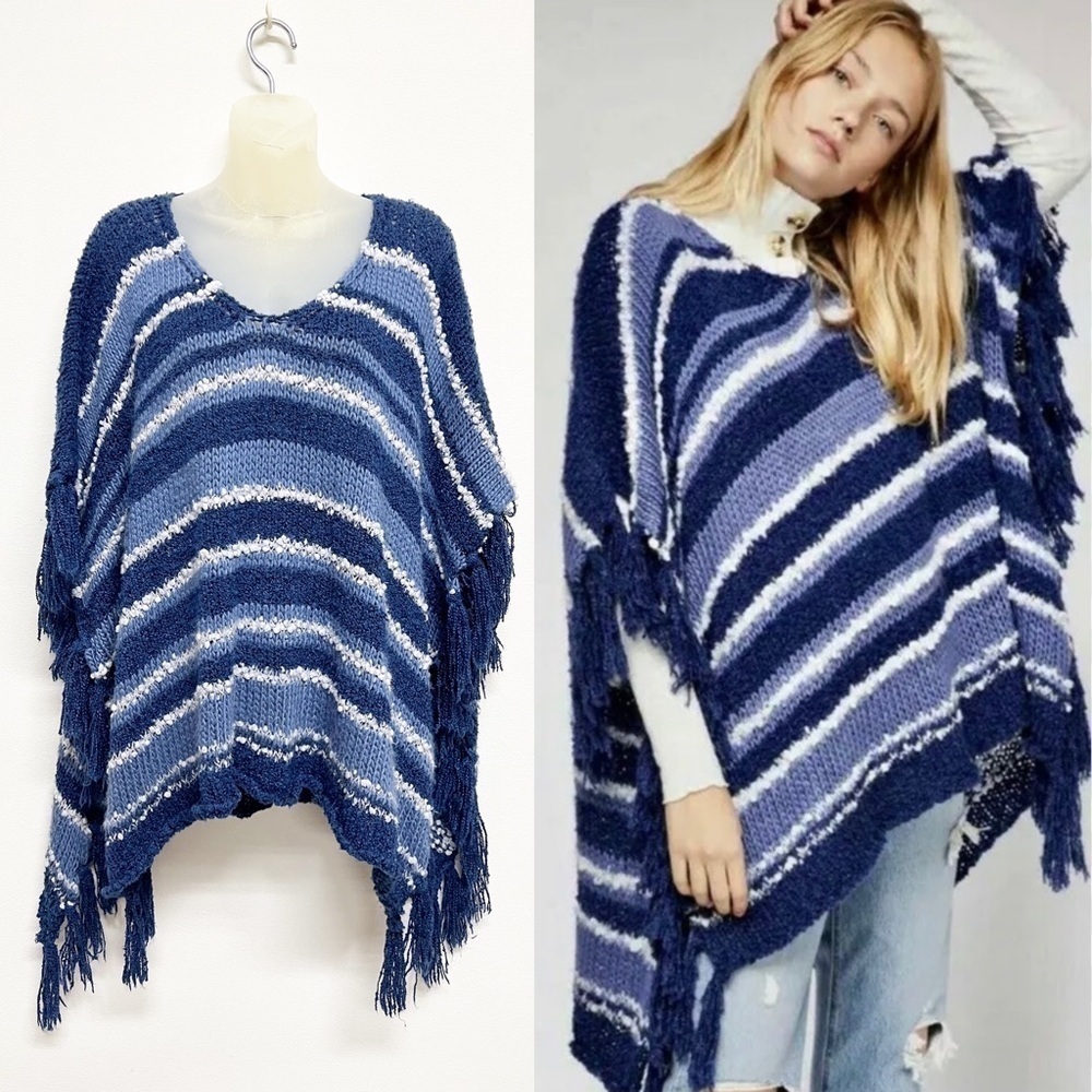 Free People Womens Blue Striped Big Dipper Fringe Boho Poncho Size One Size